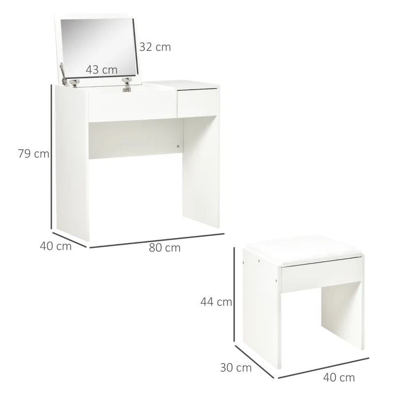White Vanity Desk with Flip-Up Mirror, Drawer & Comfortable Stool