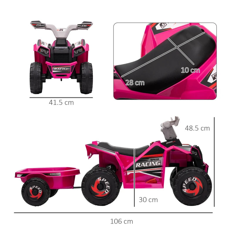6V Quad Bike with Back Trailer & Wear-Resistant Wheels for Toddlers 18-36 Months - Pink