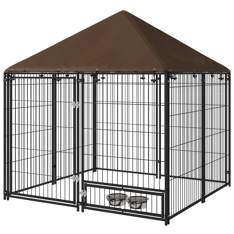 Dog Playpen Outdoor with Canopy & Rotating Bowl – 141x141x151cm