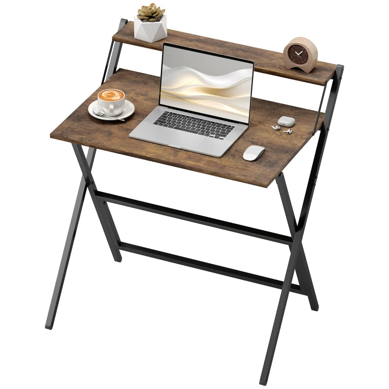 Folding Computer Desk – 81.5cm with Monitor Shelf, Rustic Brown