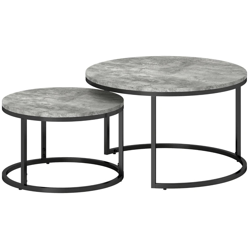 Modern Nesting Tables – Set of 2, Grey Marble Look with Black Base