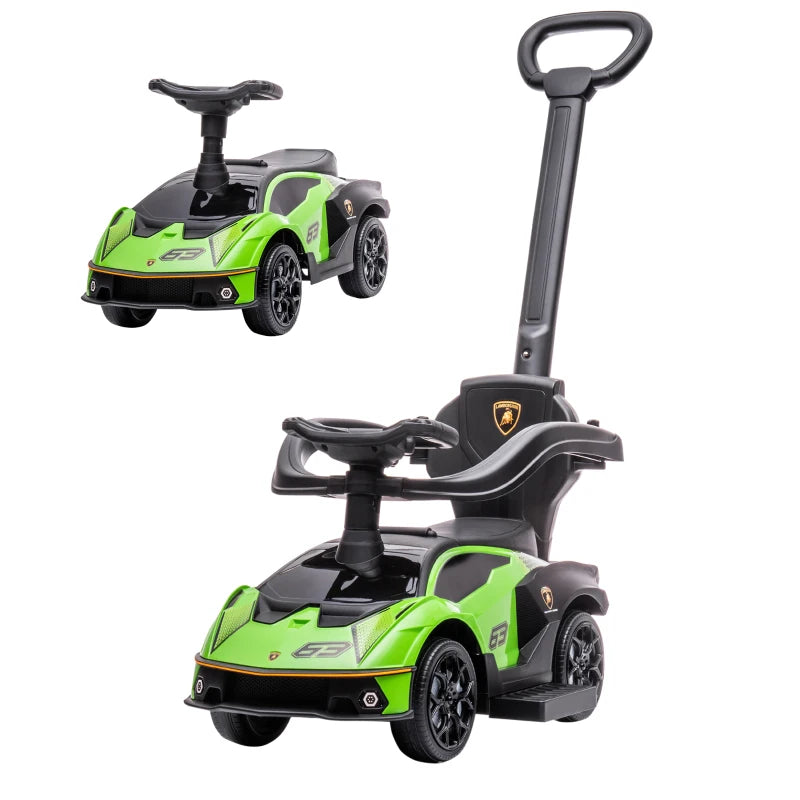 Green 2-in-1 Ride-On Toy and Push Stroller with Horn for Kids – Lamborghini Look