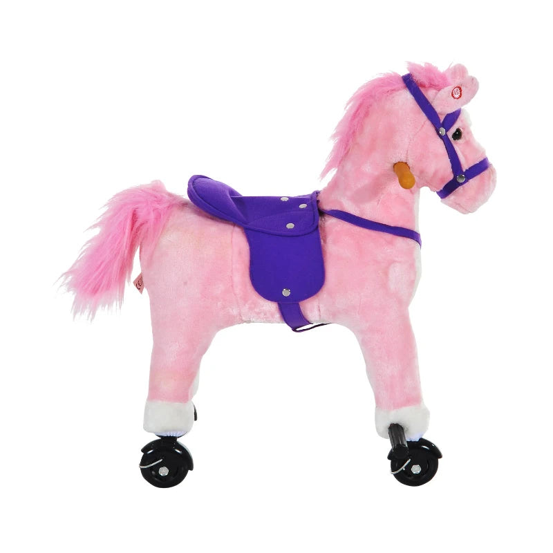Pink Plush Rocking Horse Ride-On Toy with Wheels and Sound for Kids Ages 2 and Up