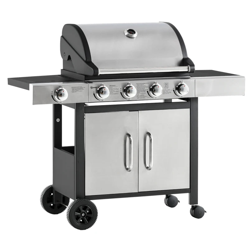 Garden Gas BBQ Grill with 4+1 Burners, Side Shelves, Warming Rack & Storage