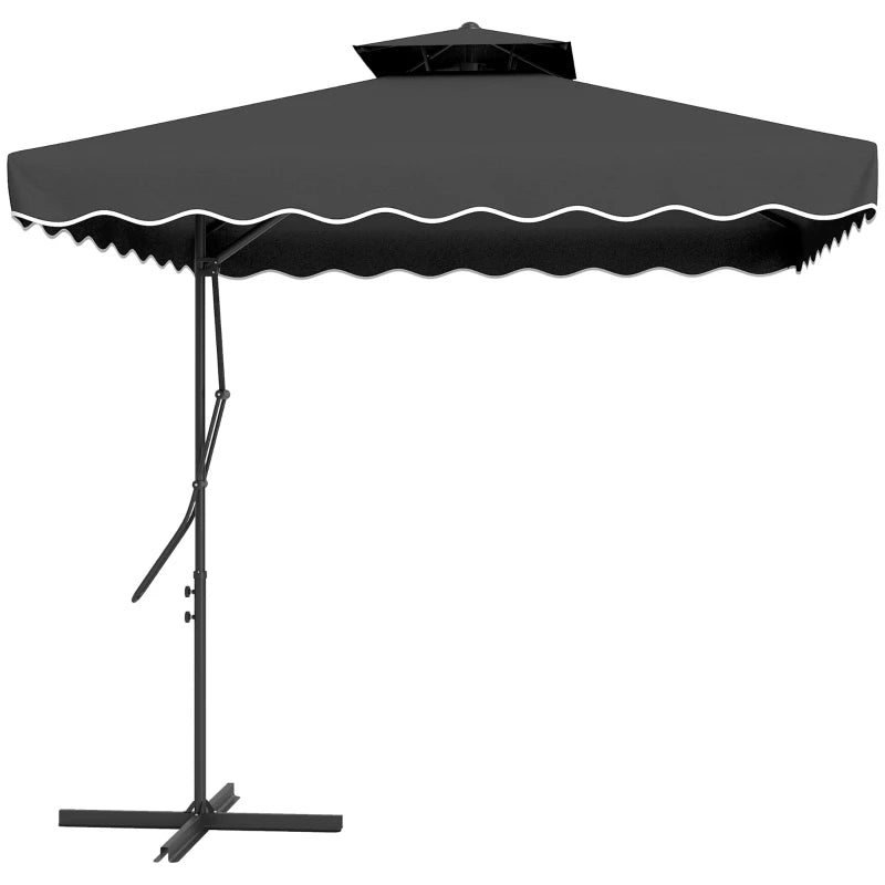 Overhanging black cantilever parasol with double top, ruffles, and easy lever – 2.5m