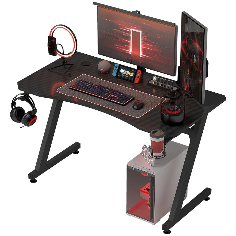 Black Gaming Desk with Steel Frame, Cable Organizer & Cup Holder