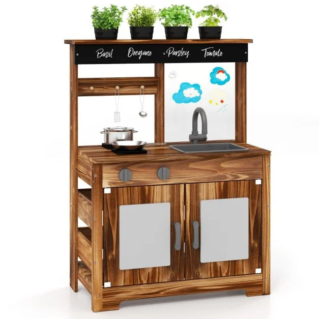 Fir Wood Mud Kitchen for Kids with Planting Pots & Removable Sink