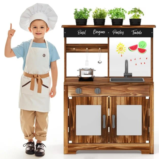 Fir Wood Mud Kitchen for Kids with Planting Pots & Removable Sink