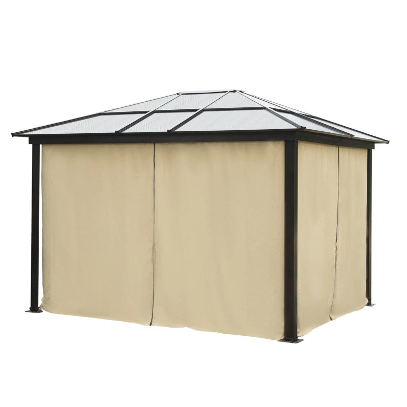 Brown Hardtop Gazebo with Polycarbonate Roof, Mosquito Net & Curtains – Garden 3x3.6m