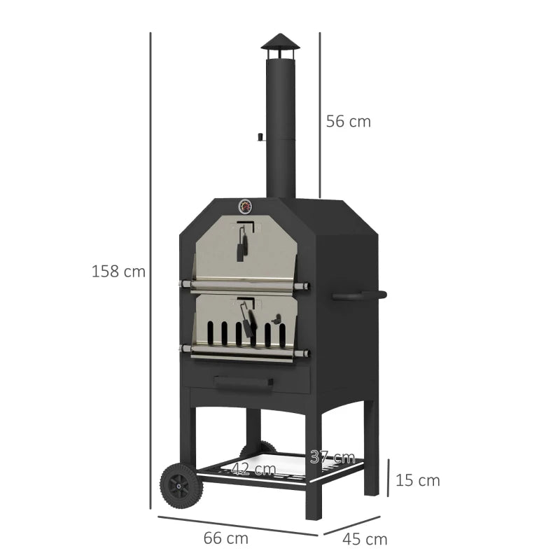 Charcoal BBQ Grill and 3-Tier Steel Outdoor Pizza Oven with Sleek Black Design