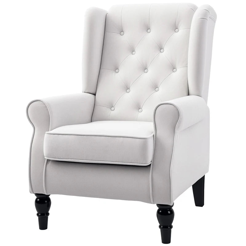 Retro Accent Chair – Cream White Linen Wingback Armchair with Wood Frame