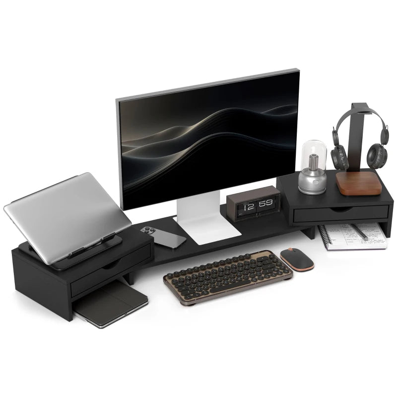 Black Dual Monitor Stand with Adjustable Angle & Drawers
