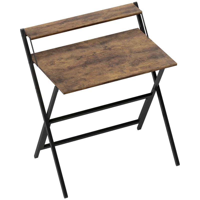 Folding Computer Desk – 81.5cm with Monitor Shelf, Rustic Brown