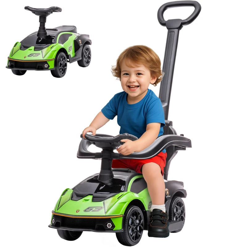 Green 2-in-1 Ride-On Toy and Push Stroller with Horn for Kids – Lamborghini Look