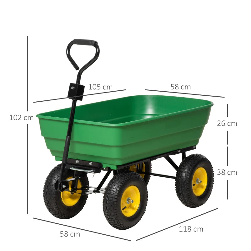 Heavy Duty 4-Wheel Garden Cart Trolley – Large Capacity Dump Wheelbarrow Trailer, Green