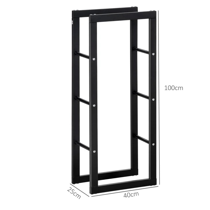 Tall Metal Firewood Log Holder with Side Rails, Rust-Resistant, Black, 40x25x100 cm