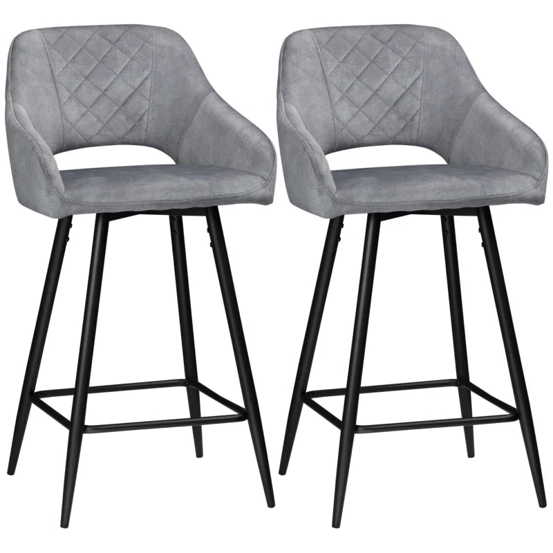 Set of 2 Grey Bar Stools – Velvet-Touch Counter Chairs, Steel Frame