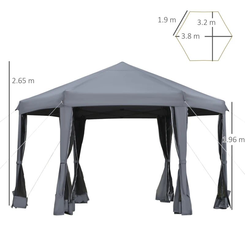 Pop Up Hexagonal Gazebo Canopy Tent with 6 Mesh Sidewalls & Hand Bag, Grey, 3.8x3.2m