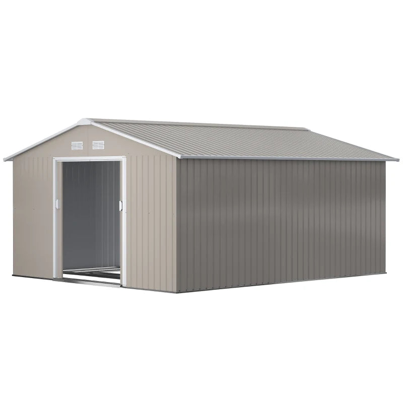 Light Grey 13x11ft Metal Garden Storage Shed – Outdoor Shed with Doors & Ventilation