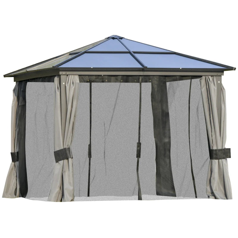 Dark Grey Hardtop Gazebo Canopy with Polycarbonate Roof & Netting for Deck 3x3m