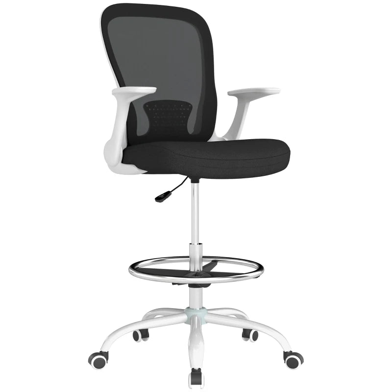 Office Drafting Chair with Flip-Up Armrests – Black White