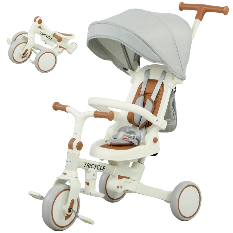 Cream White Toddler Tricycle 5-in-1 with Adjustable Backrest and Push Handlebar