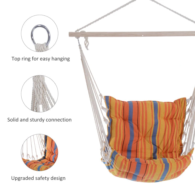 Garden Hanging Chair with Soft Seat Backrest Cotton Cloth Wooden Support Orange