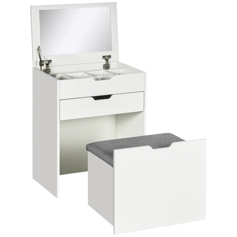 White Vanity Table with Flip-Up Mirror, Hidden Compartments & Stool