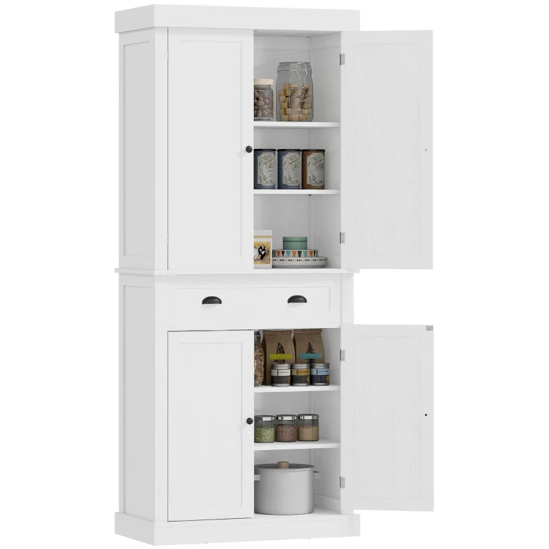 Tall 184cm Kitchen Cupboard with Doors and Shelves, White Finish