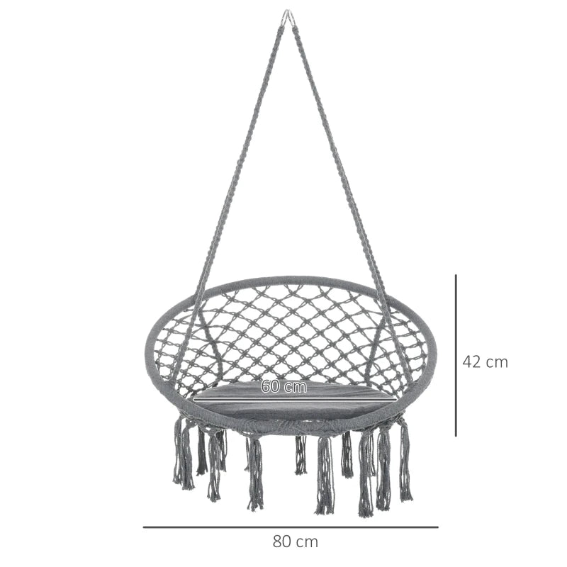 Cotton-Polyester Blend Macrame Hanging Chair with Cushion for Outdoor Use Grey