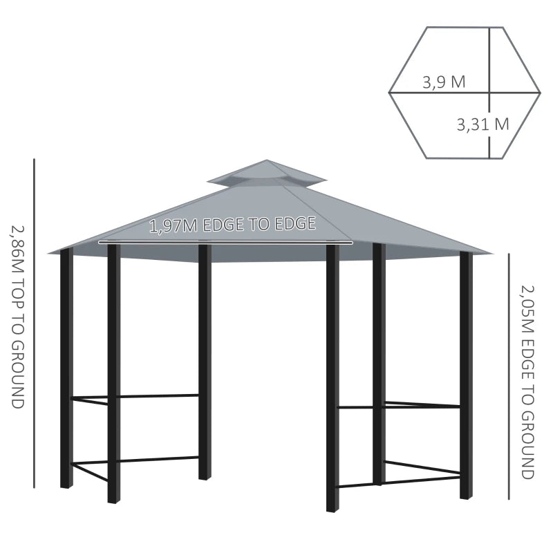 Grey Hexagon Gazebo Canopy Tent with Side Panels & 2-Tier Roof – Patio Shelter 3x3m
