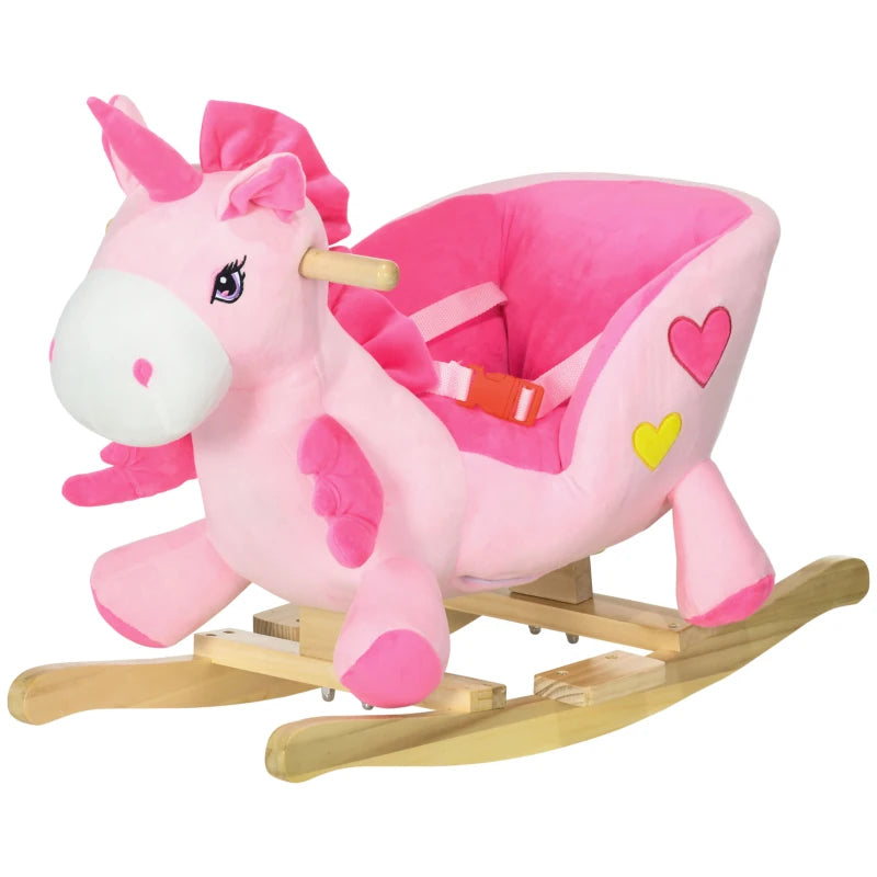 Unicorn Ride-On Rocking Horse with Songs, Seatbelt & Wooden Base for Toddlers, Pink