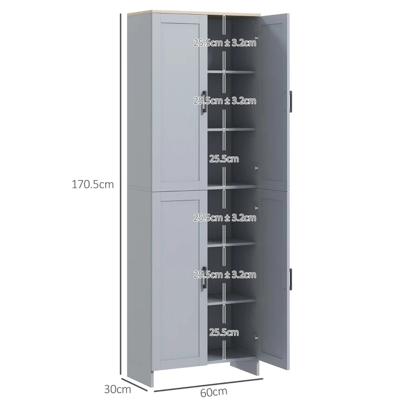 HOMCOM 170cm Freestanding Kitchen Storage Cabinet – Grey, 4 Doors & Shelves