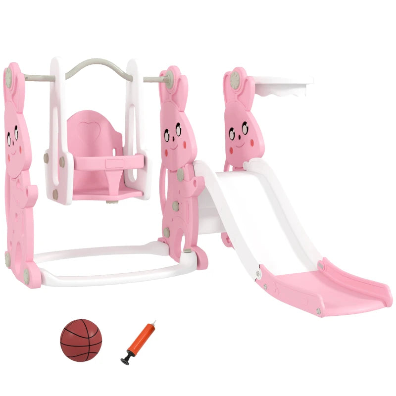 Pink Rabbit-Themed 4-in-1 Kids Slide and Swing Set with Climber and Basketball Hoop