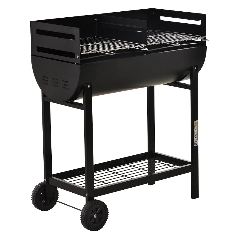 Black Steel 2-Grill Charcoal BBQ with Wheels for Convenient Mobility