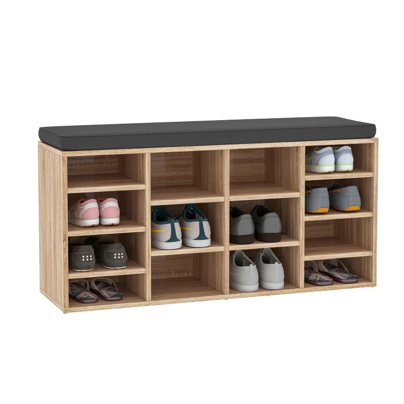 Brown Shoe Rack with Seat, 14 Compartments, Solid Frame, Foot Pads