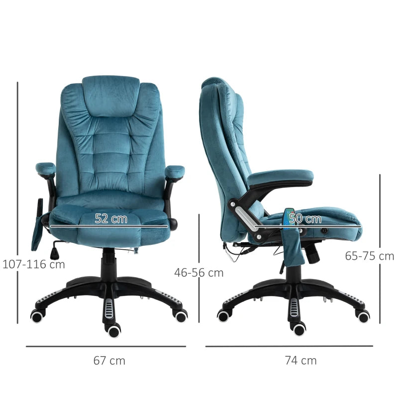 Blue Heated Massage Office Chair – Velvet Fabric, Recliner & Swivel