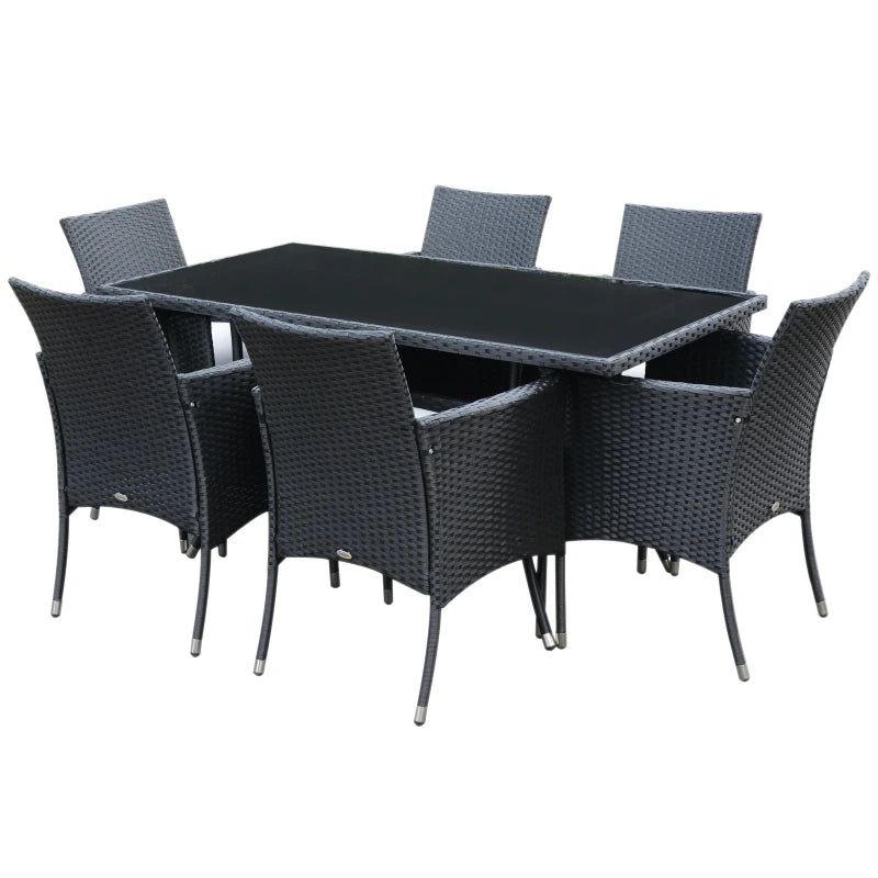 6-Seater Rattan Garden Dining Set with Cushions & Glass Table – Outdoor Black