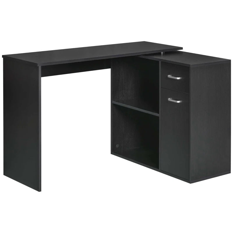 L-Shaped Home Office Desk with Storage Shelf & Cabinet – Black Wood Grain