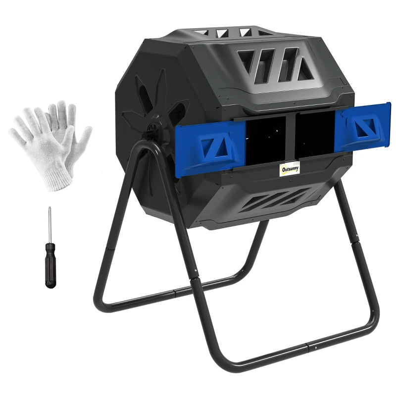 Outdoor 360° Rotating Dual Chamber Composter Durable Compost Bin, 160L Capacity, Blue
