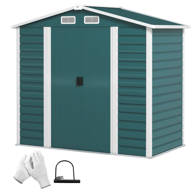 Galvanised Steel Garden Shed with Foundation, Lockable Double Doors & Vents, Green, 7x4ft