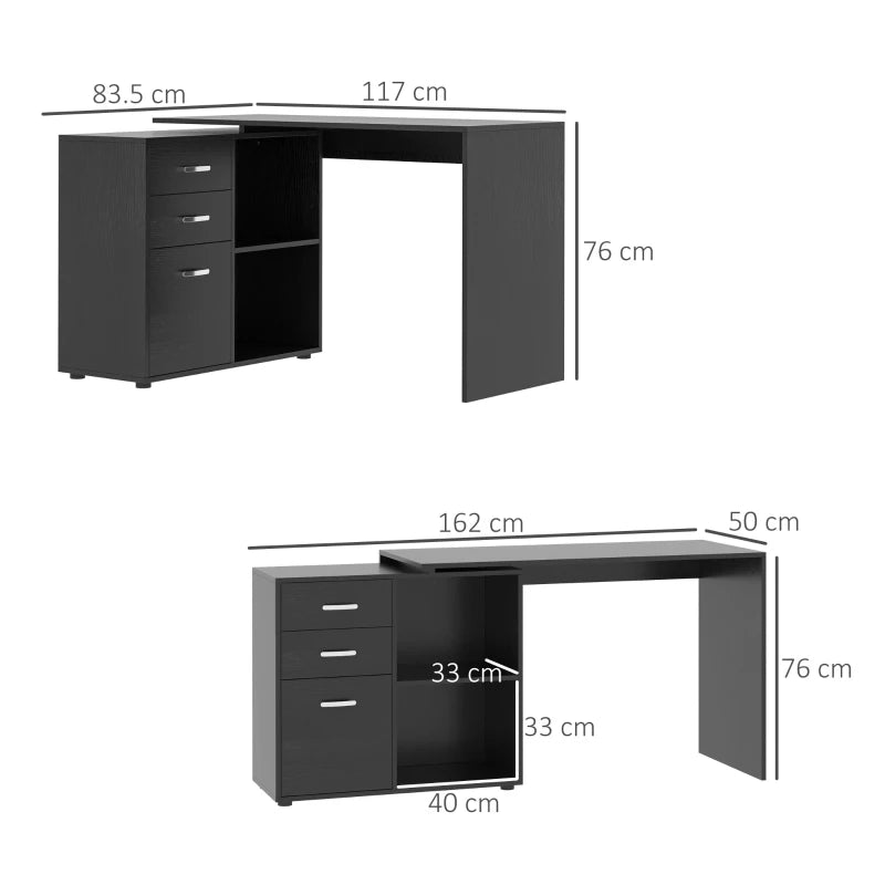 Black L-Shaped Desk with File Cabinet & Storage – 117x83.5x76cm