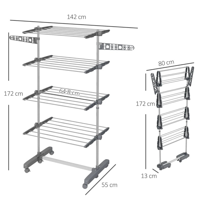 Grey Clothes Horse, 4 Shelves, Folding Design with Arms & Wheels