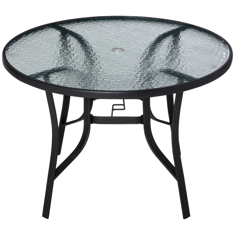 106cm Round Garden Dining Table with Parasol Hole, Glass Top & Steel Frame