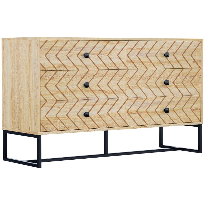 6-Drawer Storage Dresser – Natural Finish with Zigzag Design, 120x71cm