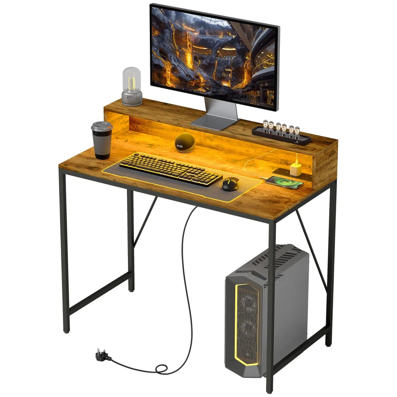 Computer Desk with Monitor Stand – LED Lights & Remote, Rustic Brown