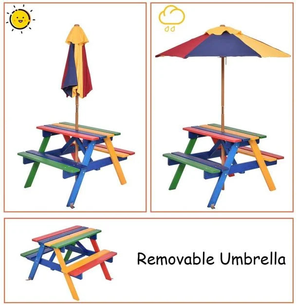 Kids Picnic Bench with Wooden Table and Parasol Cover
