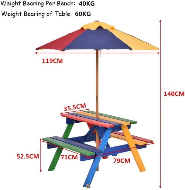 Kids Picnic Bench with Wooden Table and Parasol Cover