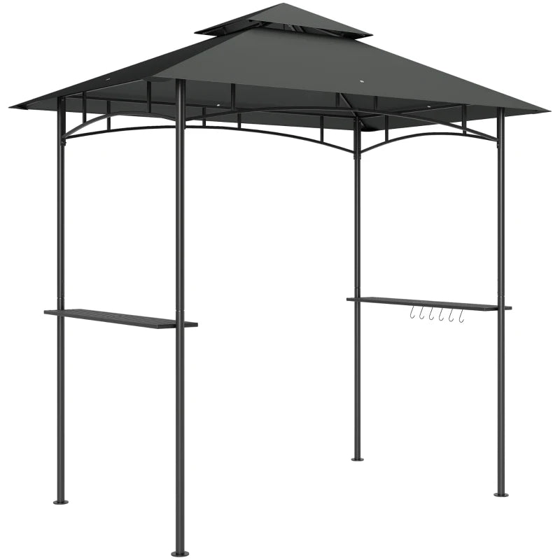 Double Tiered BBQ Grill Gazebo Canopy with LED Lights, Side Shelves & Hooks, Dark Grey, 8x5ft