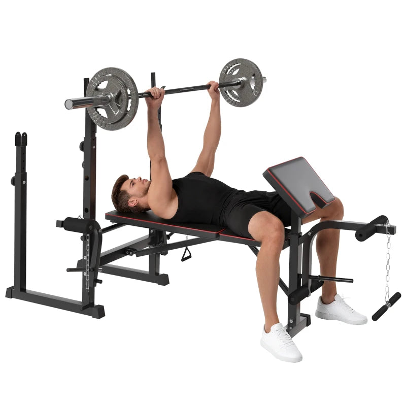 Black Weight Bench with Barbell Racks & Curl Station